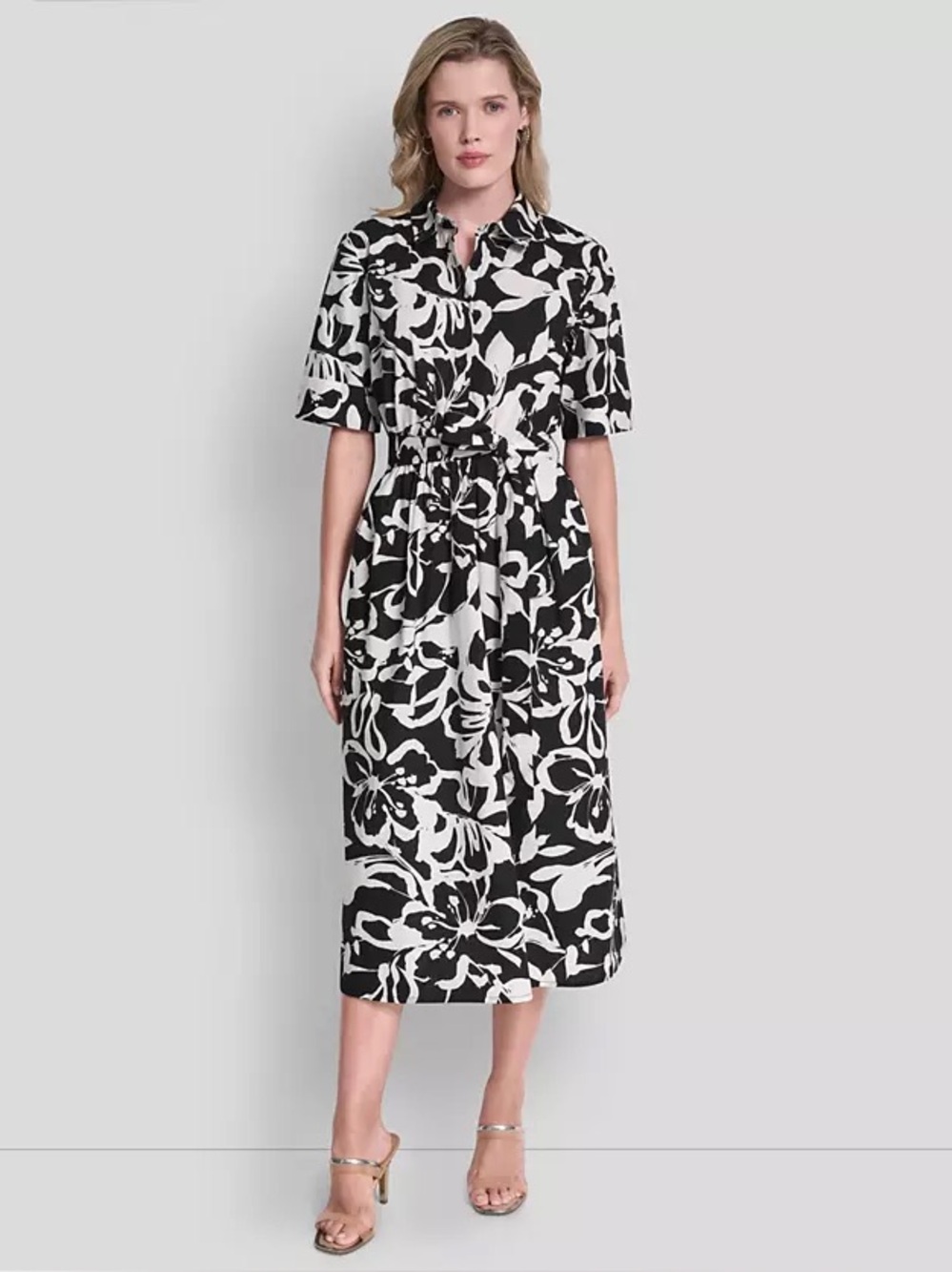 DKNY Elbow Sleeve Collared Neck Button-Front Belted Floral Midi Shirt dress